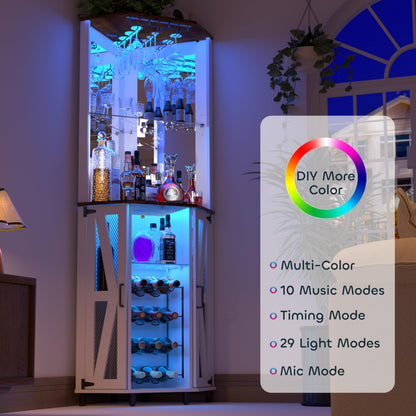 Oransail 68.9“ Tall Corner Bar Cabinet, Wine Bar with LED Light and Mirror, Farmhouse Liquor Cabinet with Adjustable Shelf & Glass Rack, for Dining Room, Living Room