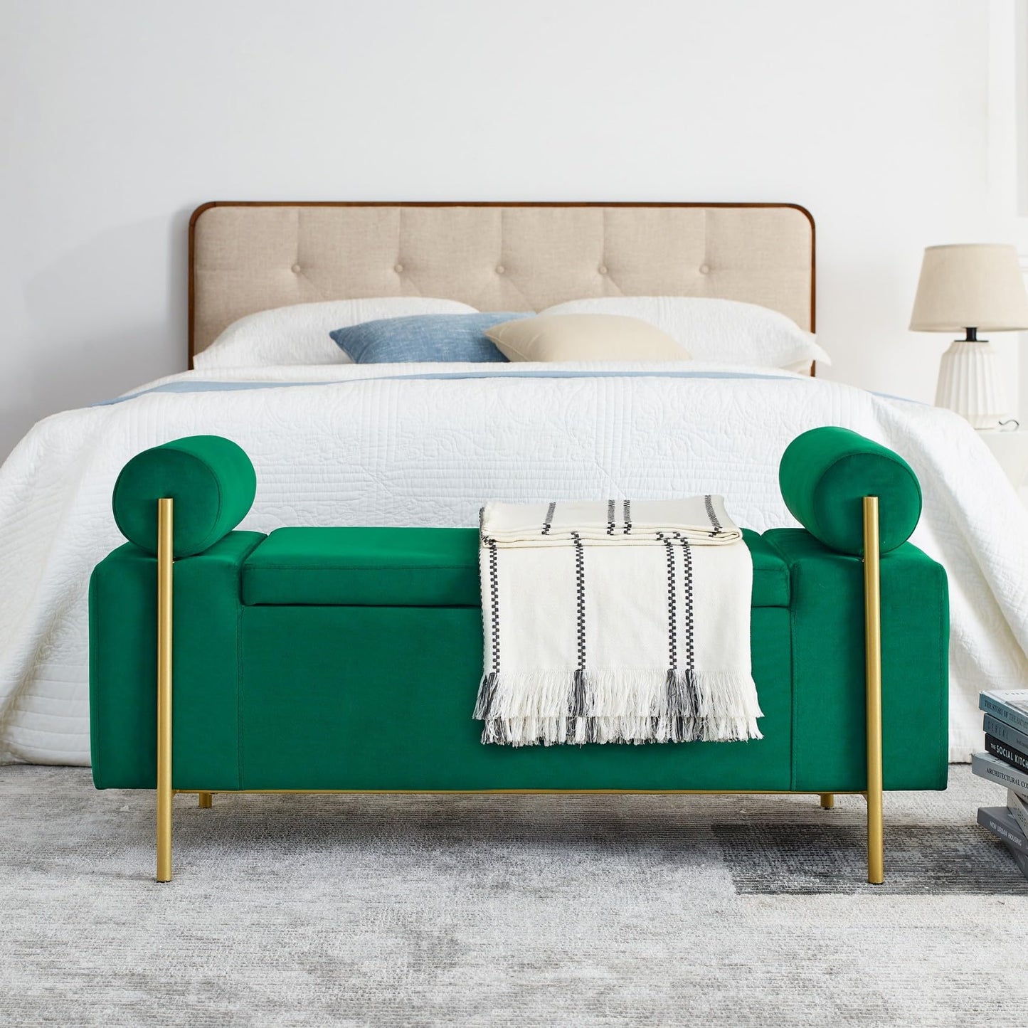 KEIKI Linen Ottoman Bench with Storage & Cylindrical Armrest, Upholstered Seating Foot Rest Stool Furniture for Bedroom, Living Room, Entryway, Green