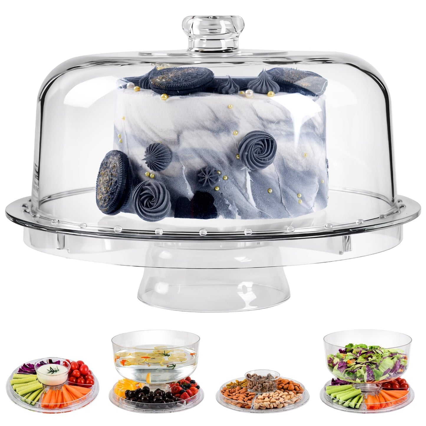 JOCHER Cake Stand with Acrylic Dome Cover, 6-In-1 Multi-Purpose Cake Stand with Lid, 12.2", Acrylic Cake Stand, Veggie Platter, Salad Bowl, Dessert Platter, Punch Bowl, BPA Free
