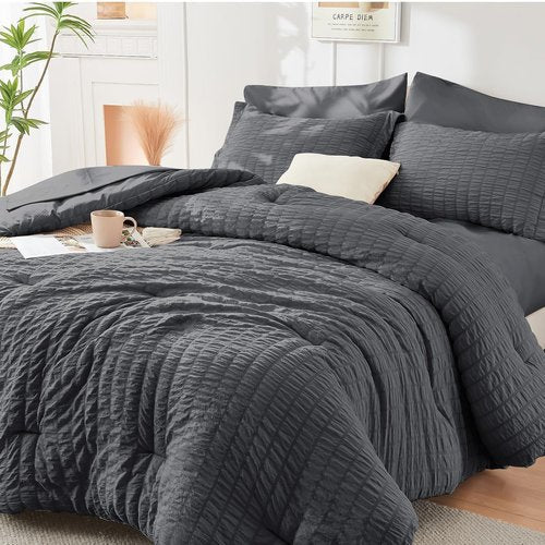 HYMOKEGE Twin Comforter Set - Luxury 5-Piece All-Season Bedding Set in Dark Grey | Includes Comforter, Sheets, Pillowcase & Sham