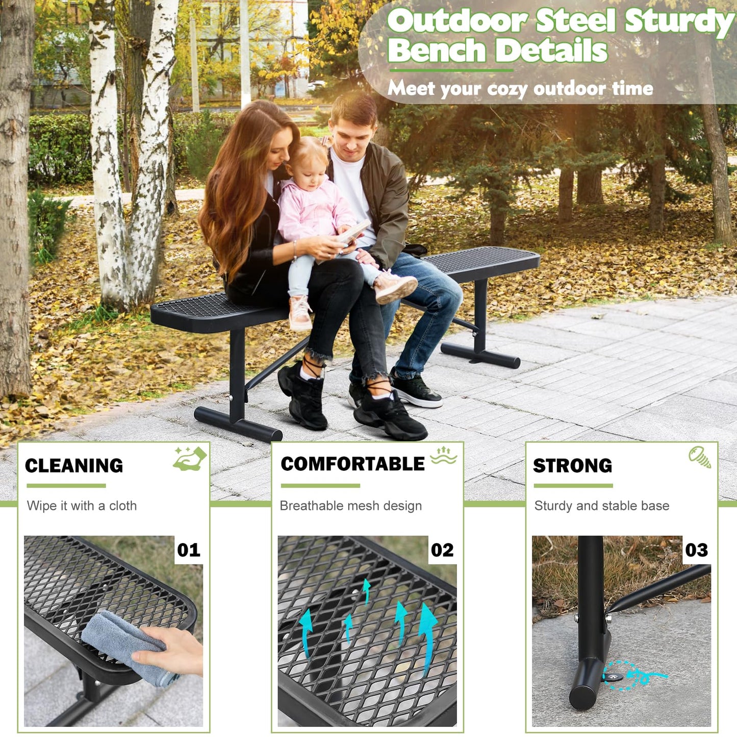 Gaonala Heavy Duty Outdoor Metal Garden Park Bench, Steel Picnic Bench, Metal Mesh Outdoor Bench Porch Chair for Garden, Lawn, Patio, Porch, Park, Yard, Patio (Black, 6FT)