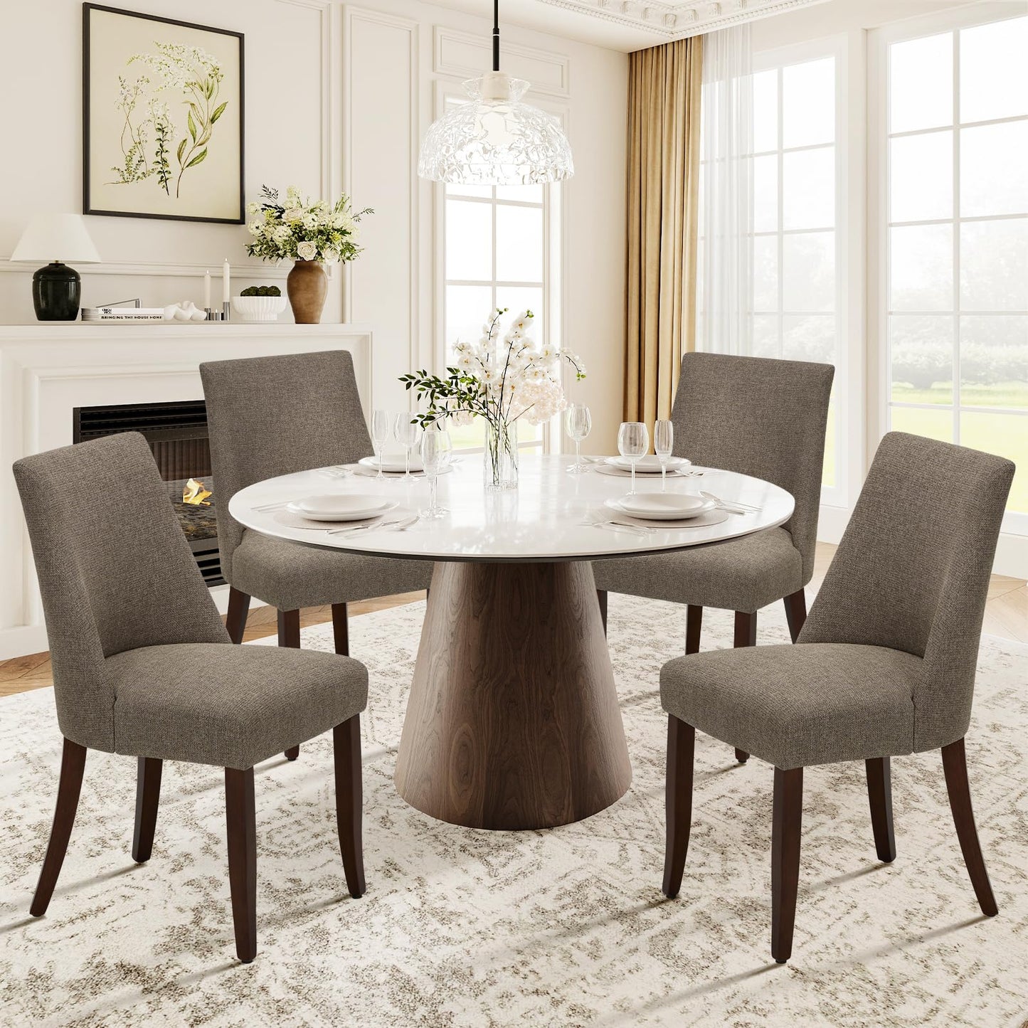 COLAMY Upholstered Dining Chairs Set of 4, Mid Century Modern Kitchen Chairs with Back, Farmhouse Fabric Side Dining Room Chairs with Wood Legs for Dining Room Restaurant, Brown