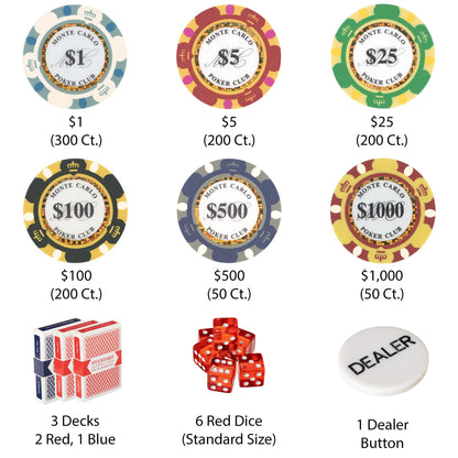 Brybelly 14 Gram 1000 Count Poker Set - Monte Carlo - 14G Clay Composite Chips with Aluminum Case, Playing Cards, Dealer Button for Poker, Texas Hold'em, Blackjack, Casino Games at Home