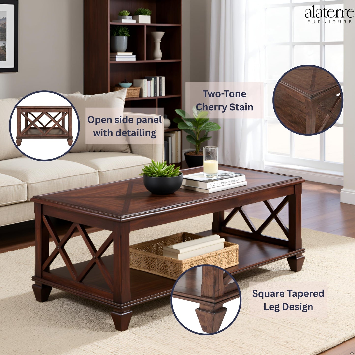 Stockbridge 45-Inch Wood Coffee Table with Storage Shelf and Detailed Side Panels – Easy to Assemble Traditional Accent Table for Living Room or Home Office by Alaterre Furniture