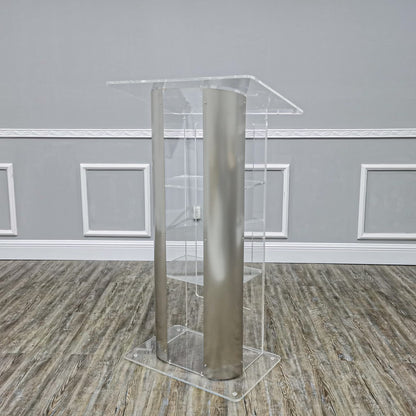 FixtureDisplays® Brushed Stainless Steel Sides Pulpit Clear Acrylic Plexiglass Podium Curved Lectern 14307NEW