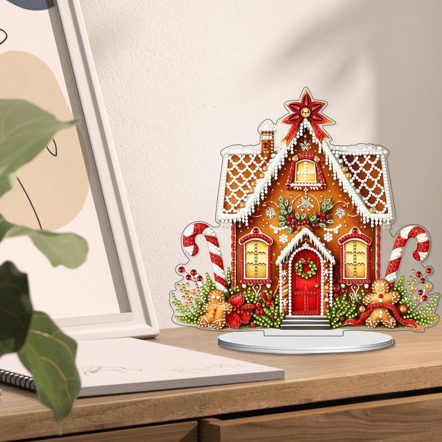 VODAPYC Christmas Diamond Art Tabletop Painting Kit, DIY Stand Up Double Sided Special Shaped Diamond Painting Desktop Ornament for Home Decor(Gingerbread House-2)