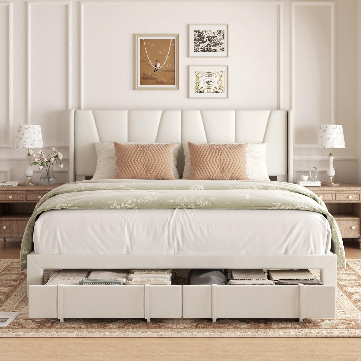 viplov King Bed Frame with Storage Drawers, Velvet Upholstered Platform Bed with 47" Tall Headboard and Wingboard, No Box Spring Needed, No Noise, Easy Assembly, Wooden Support Slats, Beige
