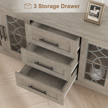 Farmhouse TV Stand for 75 Inch TV, Mid Century Entertainment Center with 3 Drawer & 2 Storage Doors, Wooden Media TV Console Table for Living Room, Bedroom-Grey