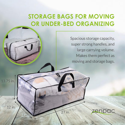 Clear Storage Bags, 3 Pack Zippered Moving Bags, Heavy Duty Transparent Totes for Packing and Organizing