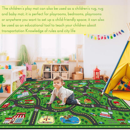 Tinideya Kids Playmat Rug 4x6 ft, Non-Slip Rubber Backing Traffic Road Playmat, Cars Play Mat for Toddler Children Playroom Classroom Bedroom(Green, Traffic Road)