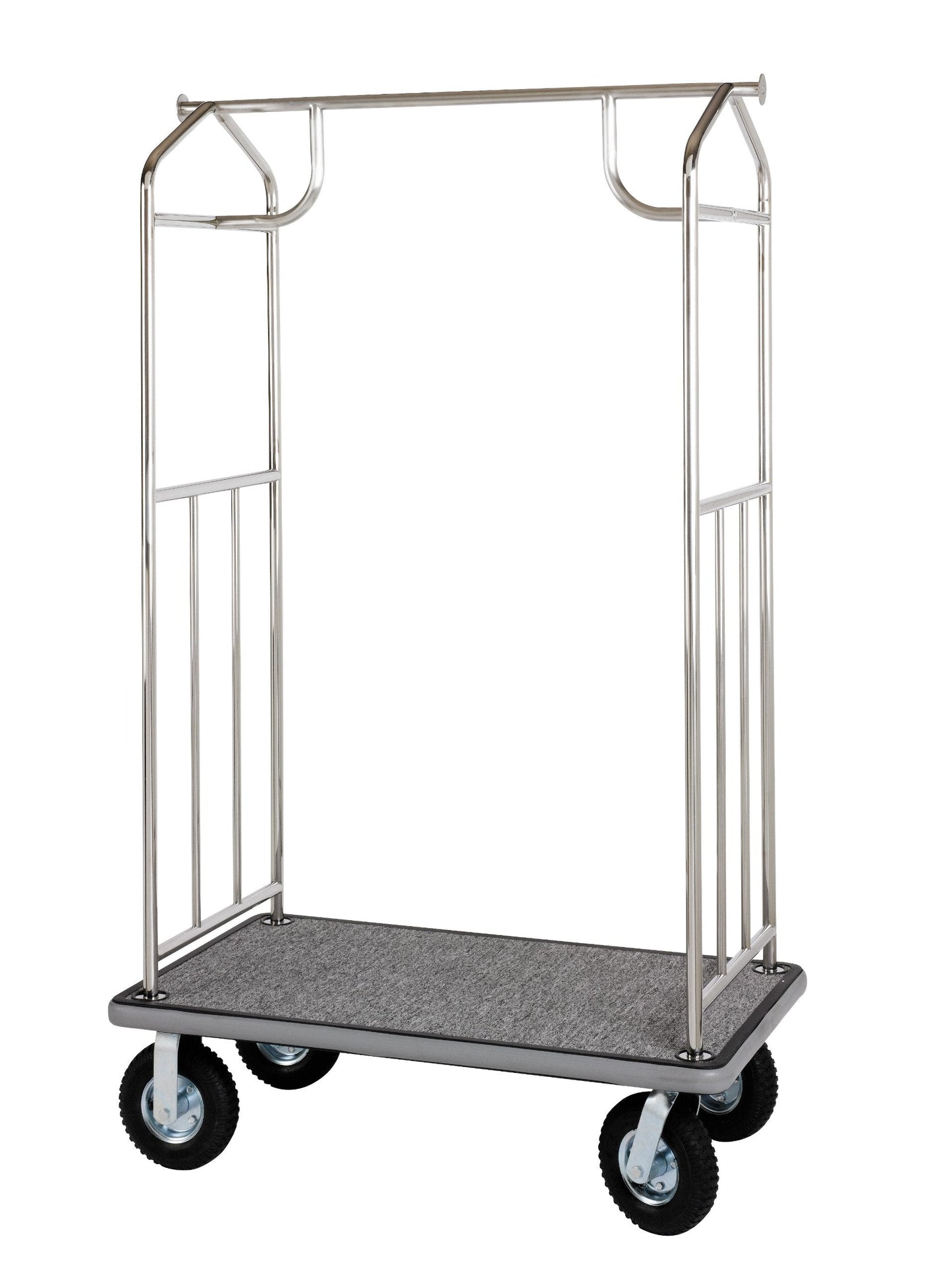 Wholesale Hotel Products Stainless Steel Luggage Cart – 800lb Capacity – Bellman Cart w/ 6” Air Filled Tires & Gray Carpet, for Hotel, Resorts, Condos, Commercial Use (Value Valet Series)