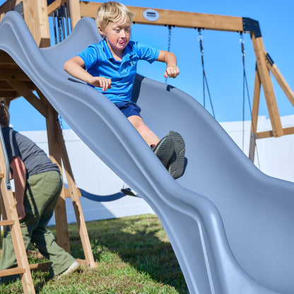 Backyard Discovery Dover Bay Spruce Wood Swing Set with Spiral Tube Slide, Wave Slide, Clubhouse, Rock Wall, Belt Swings, Step Ladder, Toy Telescope, Chalkboard, Outdoor Playset