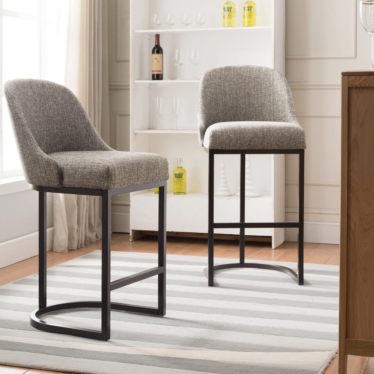 Leick Home 214965 Barrelback Counter Stool with Metal Base, Set of 4, for Elevated Kitchen Counters, High Top Tables, and Bars, Modern Gray Linen Seat and Brown Metal Base