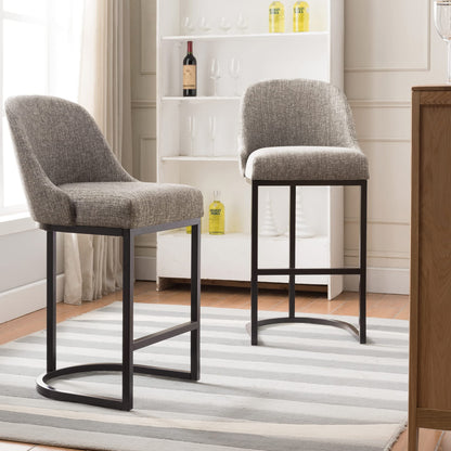 Leick Home 214965 Barrelback Counter Stool with Metal Base, Set of 4, for Elevated Kitchen Counters, High Top Tables, and Bars, Modern Gray Linen Seat and Brown Metal Base