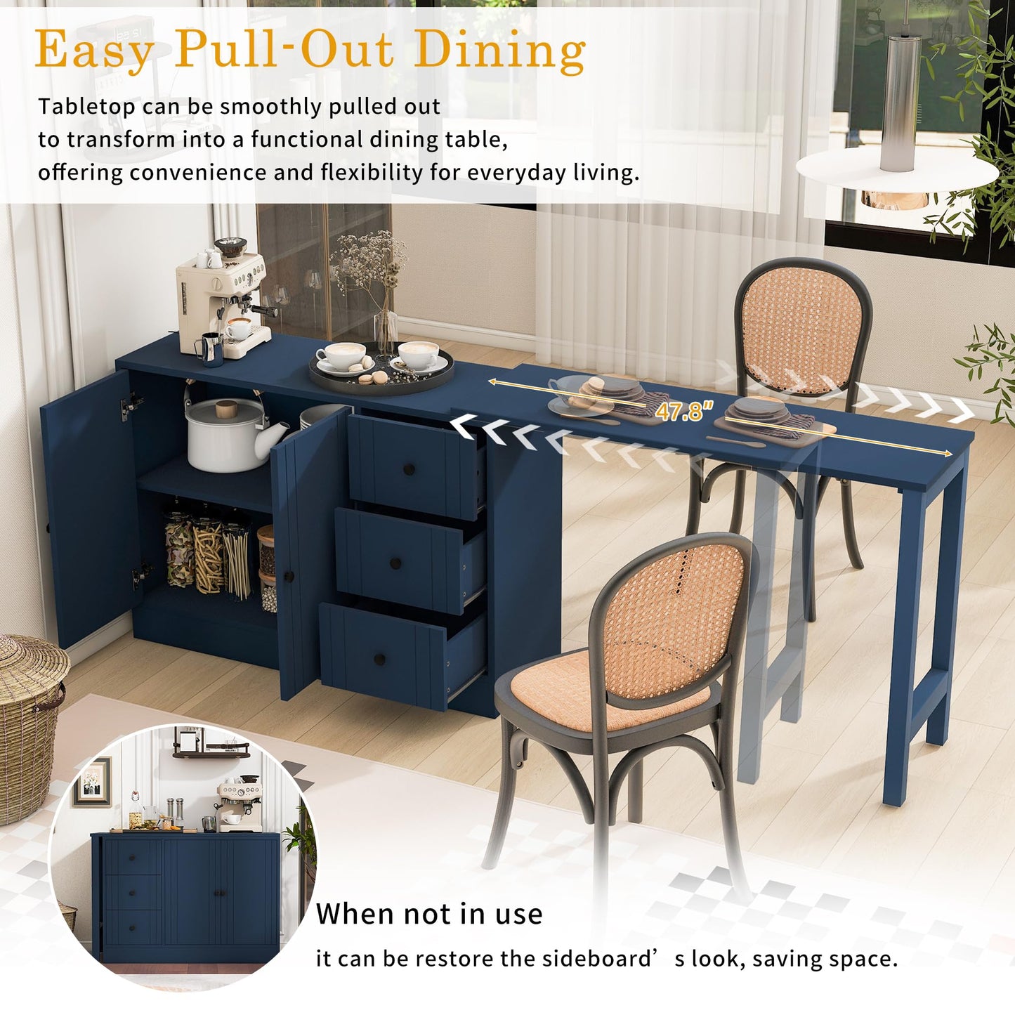 Merax Modern Wood Buffet Storgae Cabinet with Extendable Table, Buffet Coffee Bar Sideboard w/ 2 Doors and 3 Drawers for Living Room Dinning Room Kitchen Navy Blue