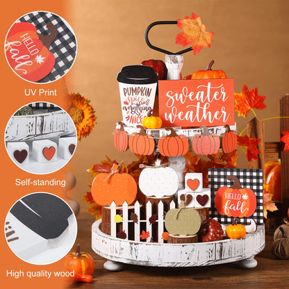 Sumind 15 Pcs Thanksgiving Tiered Tray Decor Set Fall Decorations for Home Autumn Wood Signs Thanksgiving Orange Brown Table Signs Farmhouse Wooden Maple Pumpkin Gnomes Tabletop for Festival(Pumpkin)