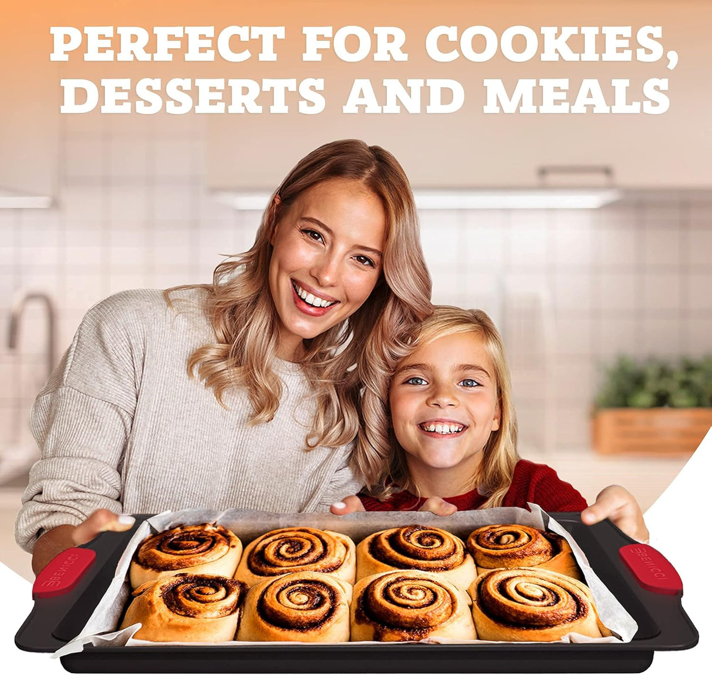 Set of 3 Premium Non-Stick Baking Sheets - Deluxe BPA Free Bakeware Pans with Easy to Clean Silicone Handles