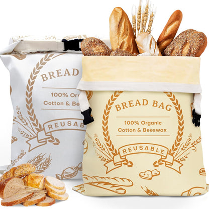 2 Pack Beeswax Bread Bags for Sourdough & Homemade Bread - Natural Cotton Sourdough Reusable Beeswax Food Storage Bag