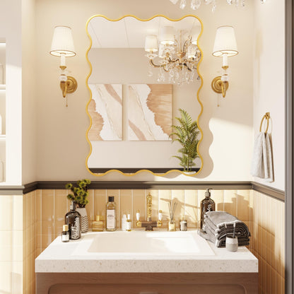 Kelly Miller 30x40 Inch Gold Scalloped Mirror, Large Rectangular Wavy Edge Bathroom Vanity Wall Mirror Decorative for Bedroom Living Room Entryway Fireplace Mantle