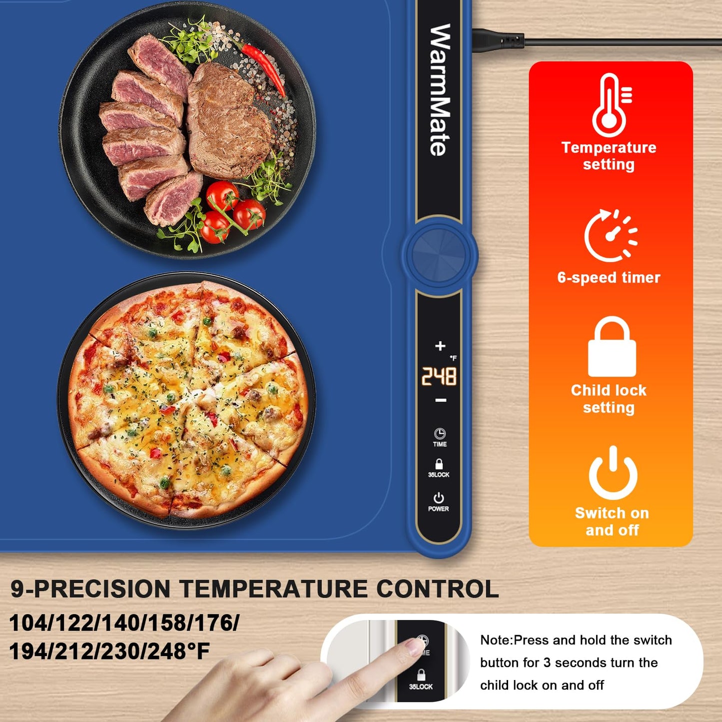 WarmMate Food Warming Mat，Electric Warming Tray with 9-Level Temperature Precision Control, 6H Timer,8s Full Surface Rapid Heating, Ideal for Buffets, Parties & Gatherings (Roll-Up Design，Dark Blue)