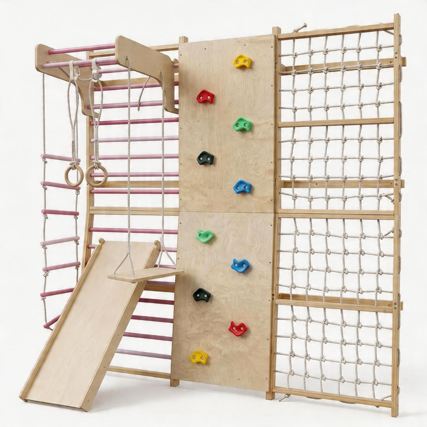 ActiveTrail Multi-Functional Swedish Ladder Wall Gym, 79'' Wooden Wall-Mounted Climbing Set with Slide, Swing, Rope, Rings, Monkey Bars, Indoor Playset for Kids and Adults
