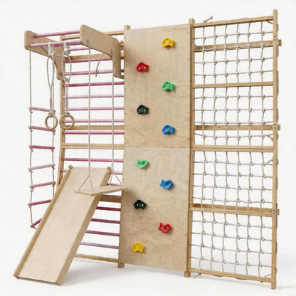 ActiveTrail Multi-Functional Swedish Ladder Wall Gym, 79'' Wooden Wall-Mounted Climbing Set with Slide, Swing, Rope, Rings, Monkey Bars, Indoor Playset for Kids and Adults