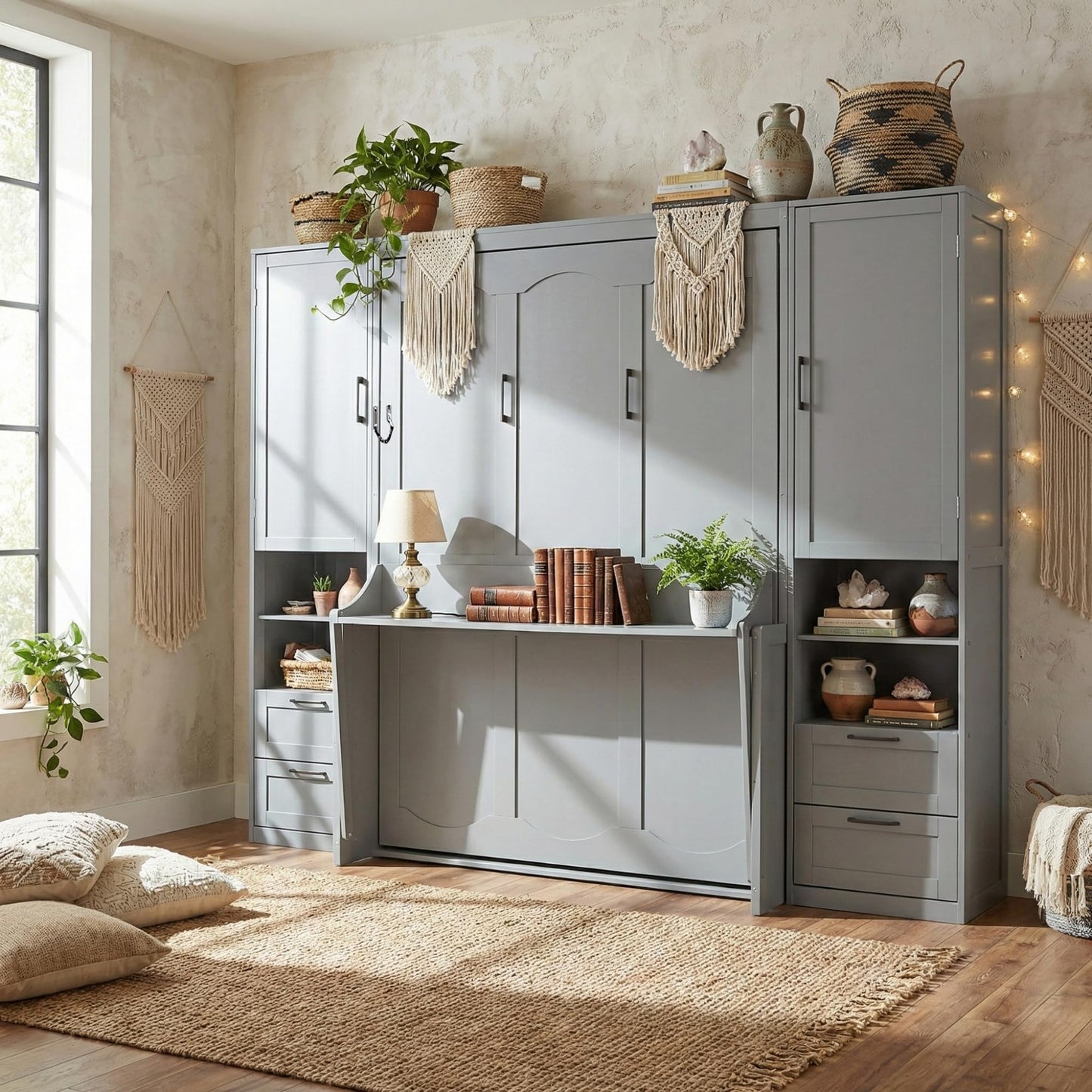 Merax Queen Size Murphy Bed with Desk, Multifunctional Foldable Wall Bed with Closet, Drawers and Shelves, Space-Saving Wood Platform Bed Frame for Small Spaces Studio Study Office Guest Room, Gray