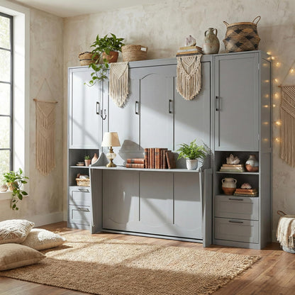 Merax Queen Size Murphy Bed with Desk, Multifunctional Foldable Wall Bed with Closet, Drawers and Shelves, Space-Saving Wood Platform Bed Frame for Small Spaces Studio Study Office Guest Room, Gray