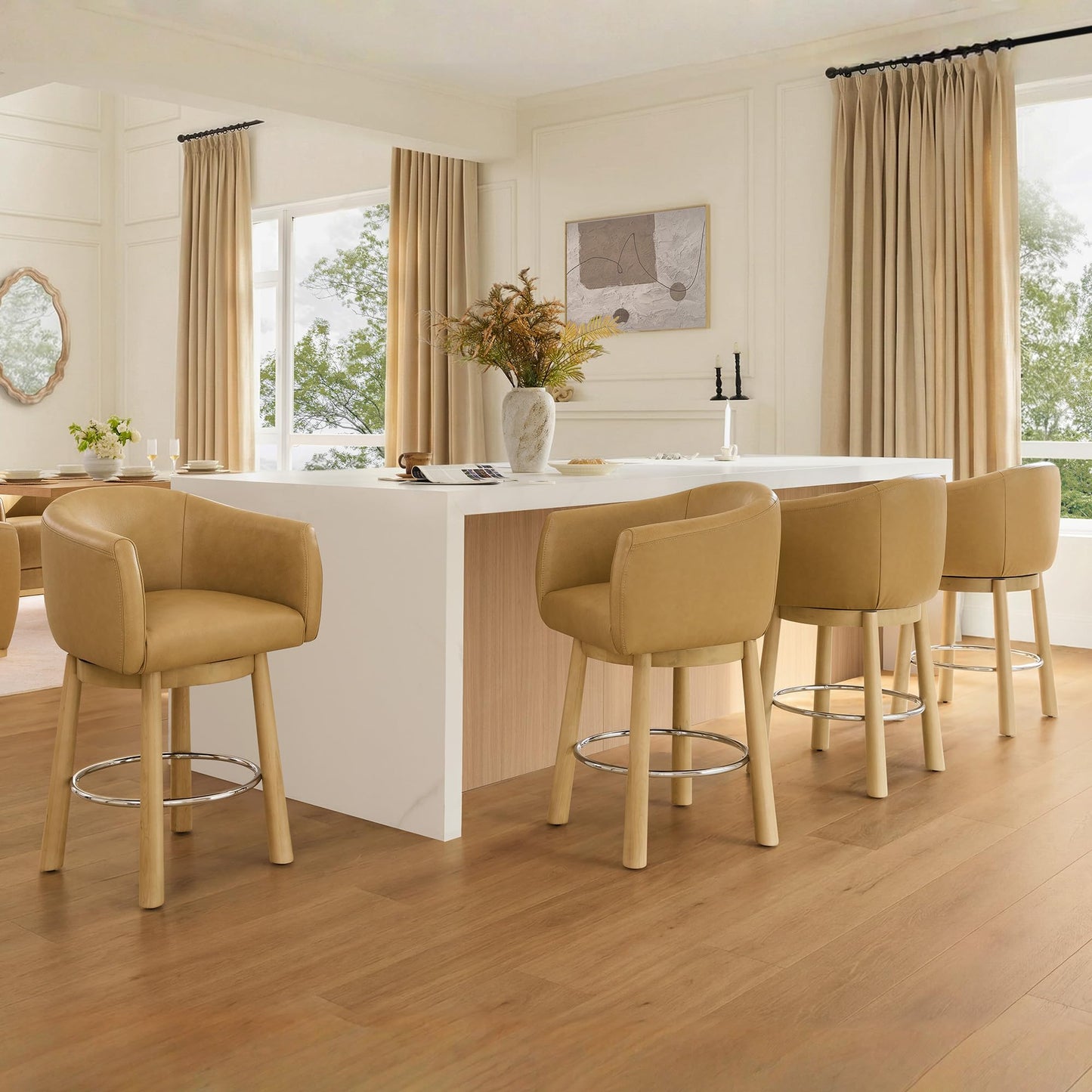 CHITA Genuine Leather Swivel Bar Stool, Modern Counter Height Bar Stools with Arms, Solid Wood Turned Legs, Upholstered Barstools for Kitchen Island, 26" Seat Height