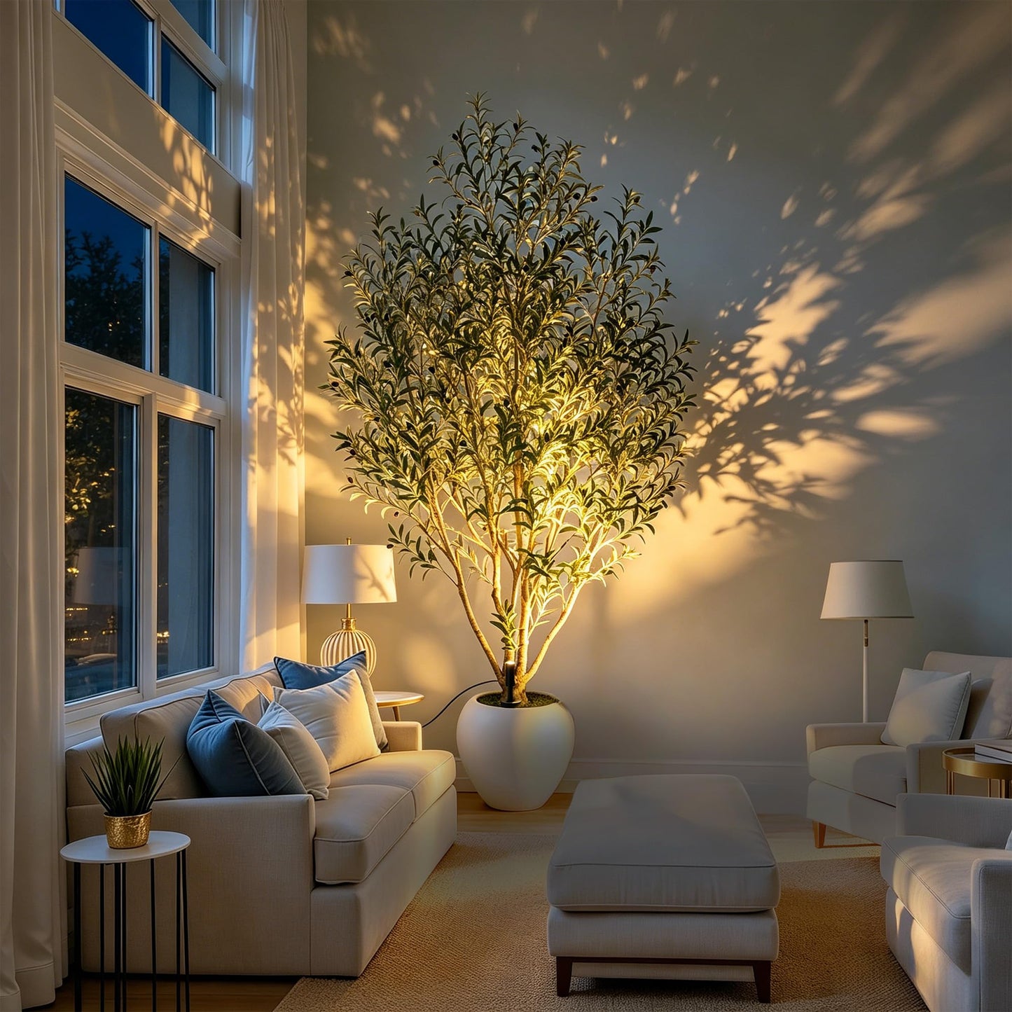 Nafresh 9FT Large Faux Olive Tree with 18.4''Wx16.5''H White Planter & White Spotlight, Olive Trees Artificial Indoor with Multi Branches, Fake Olive Tree for Indoor Outdoor Home Office Decor