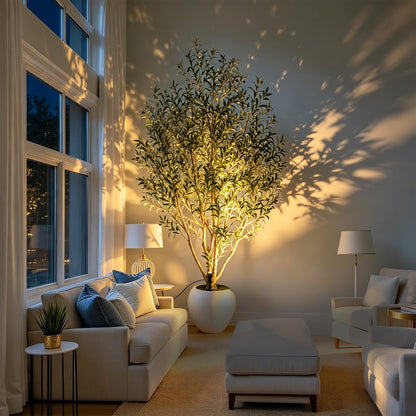 Nafresh 9FT Large Faux Olive Tree with 18.4''Wx16.5''H White Planter & White Spotlight, Olive Trees Artificial Indoor with Multi Branches, Fake Olive Tree for Indoor Outdoor Home Office Decor