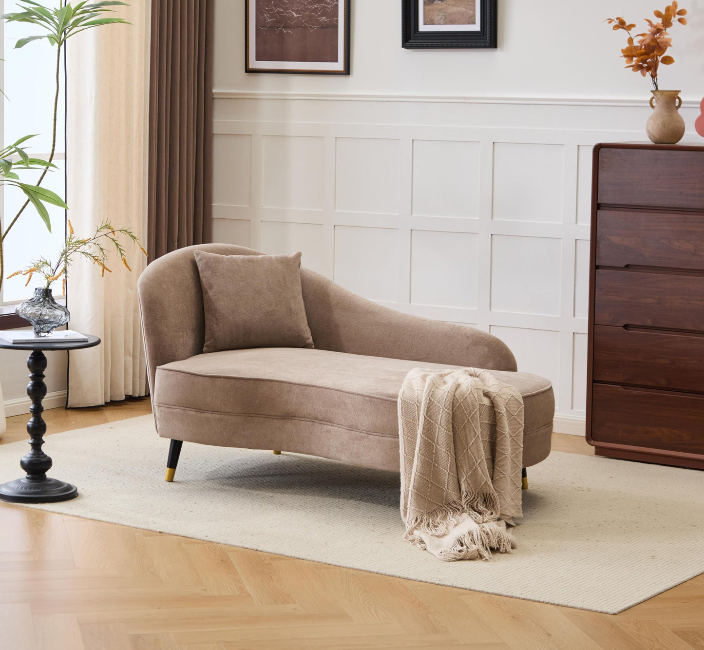 Merax 61" Velvet Curved Chaise Lounge Indoor with Pillow, Mid-Century Modern Upholstered Chaise Lounge Sofa with Left Armrest & Pillows, Wood Leg, Fainting Couch Sleeper Sofa for Living Room, Camel