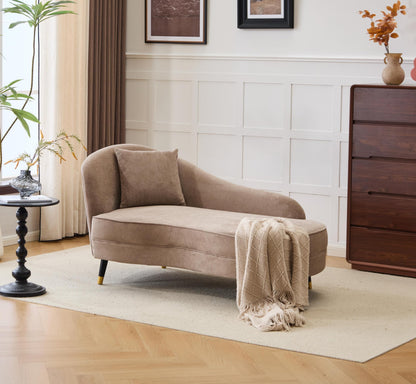 Merax 61" Velvet Curved Chaise Lounge Indoor with Pillow, Mid-Century Modern Upholstered Chaise Lounge Sofa with Left Armrest & Pillows, Wood Leg, Fainting Couch Sleeper Sofa for Living Room, Camel