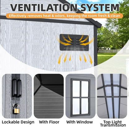 MELLCOM 10 x 8 FT Plastic Outdoor Storage Shed with Floor, Plastic Outdoor Storage Tool Shed with Windows and Lockable Door, Resin Garden Shed for Bike, Pool Supply, Lawnmower
