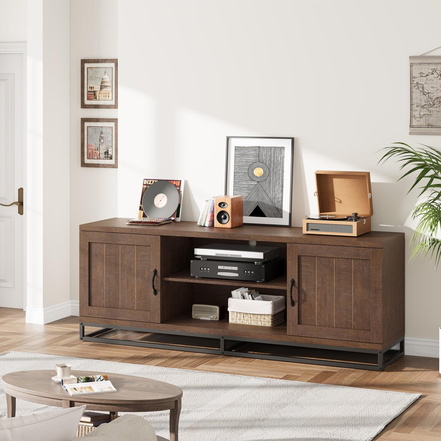Garvee Farmhouse TV Stand for Living Room, Entertainment Center with 2-Tier Adjustable Shelves & Metal Leg, Wooden TV & Media Console Table for 75 Inch with Storage Compartments, Walnut