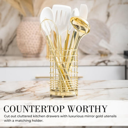 Styled Settings White and Gold Kitchen Utensils Set - 15-Piece BPA free, Non-Scratch, Utensils Set Includes White Silicone Cooking Utensils and Measuring Cups and Spoons