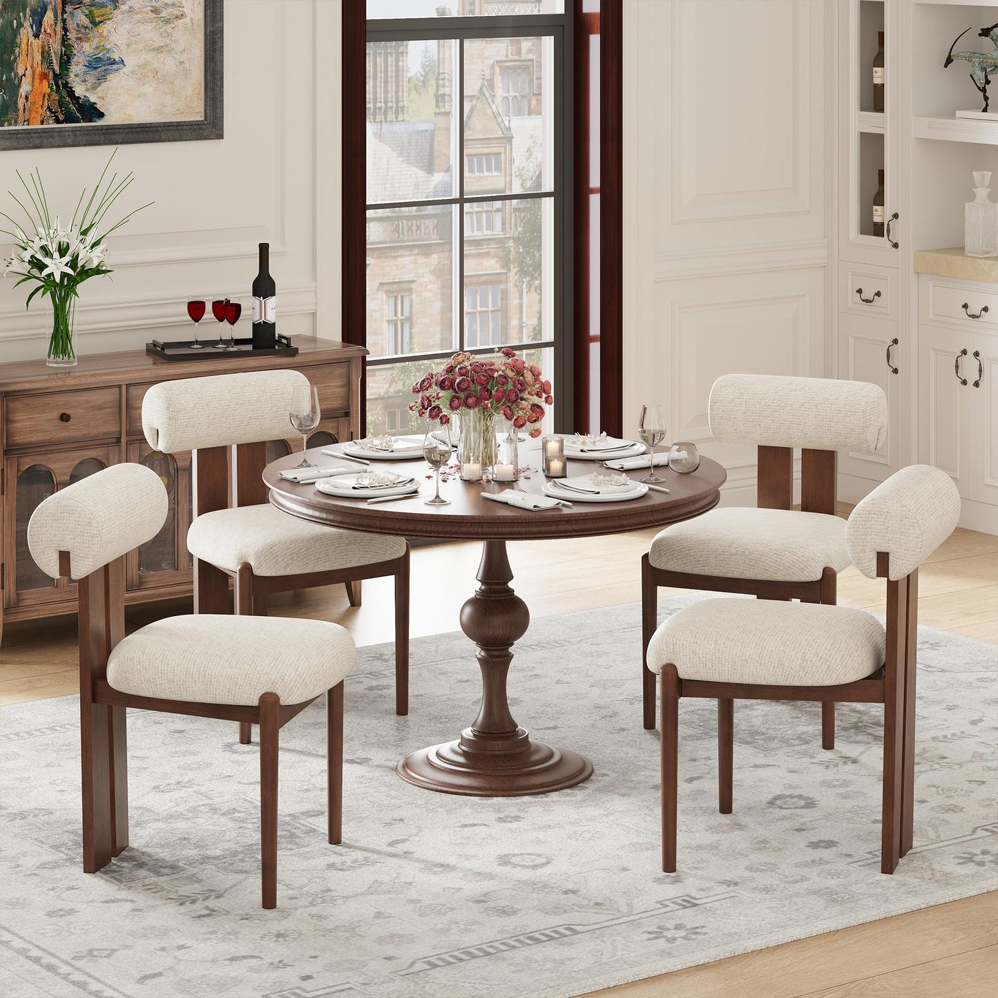 MALOL Modern Wooden Dining Chairs Set of 4, Upholstered Fabric Kitchen Chairs with Sculptural Backrest, Mid-Century Farmhouse Dining Room Chairs with Solid Wood Legs, Beige