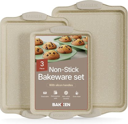 BAKKEN Nonstick Cookie Sheets Set - 3-Piece Stackable Carbon Steel Bakeware with Silicone Handles | White Marble