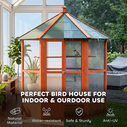 PawHut 69" Large Wooden Hexagonal Outdoor Aviary Flight Bird Cage with Covered Roof, Brown