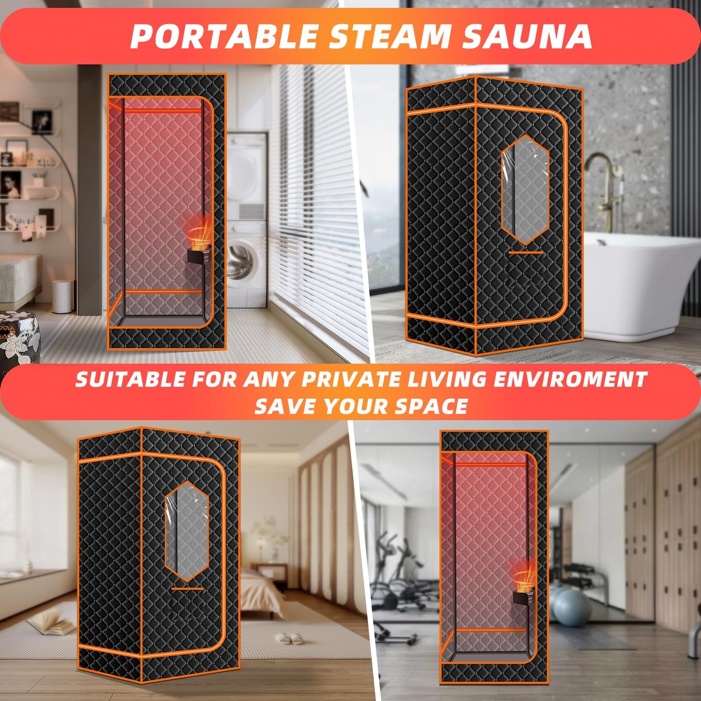 Smartmak Portable Steam Sauna, Personal Steam Sauna Box, Indoor Steam Sauna for Home, with 4L 1600W Steamer, Remote Control, Folding Chair (Orange, 33.8 * 33.8 * 65.7inch)