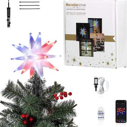 9.85'' 3D Smart Christmas Star Tree Topper Lighted Plug in, Outdoor Foldable Lightweight Moravian Star Tree Topper
