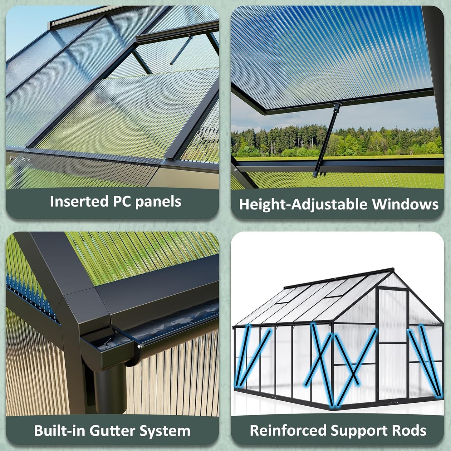 Polar Aurora 8x10 FT Polycarbonate Greenhouse for Outdoors, Walk-in Aluminum Green House with Quick Setup Structure and Roof Vent for Outside Garden Backyard, Black