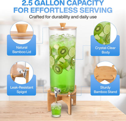 GRAXON (2.5 Counter Drink Dispenser with Bamboo Stand & Spigot Gallon) Large Plastic Beverage Dispenser for Parties