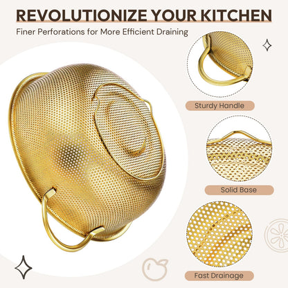 Baderke 3 Pieces Stainless Steel Gold Colander Metal Strainer with Handle Pasta Gold Colander for Kitchen Draining Pasta Rinsing Vegetables Rice Food, 3 Sizes(1-3-5 Quart,Classic)
