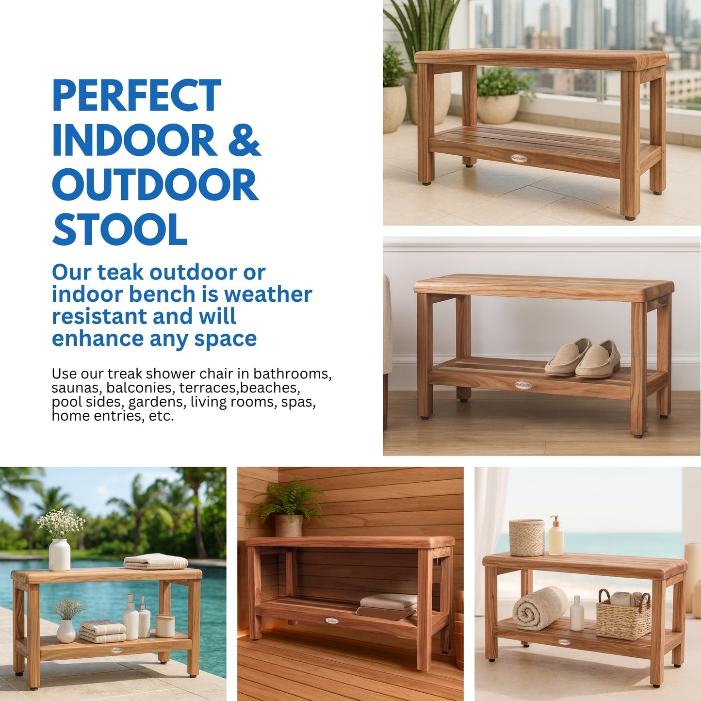 EcoDecors Teak Shower Bench with Large Storage Shelf 36", 300 lb Capacity – Waterproof Bathroom Seat with Non-Slip Feet, Elegant Natural Teak Finish, Ideal for Adults, Seniors, & Spa-Style Bathrooms