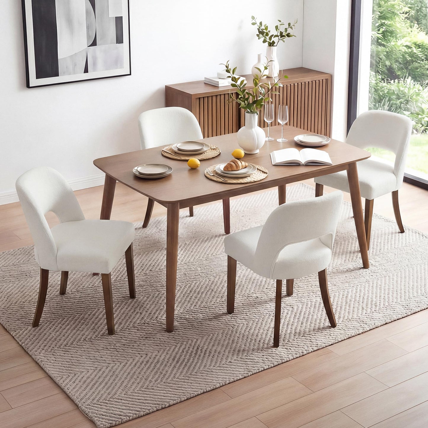 KISLOT Upholstered Dining Chairs Set of 4, Modern Armless Kitchen Chairs with Solid Wood Legs, Boucle Fabric, Sturdy Spring Structure, Comfortable Padded Dining Room Chairs, Cream
