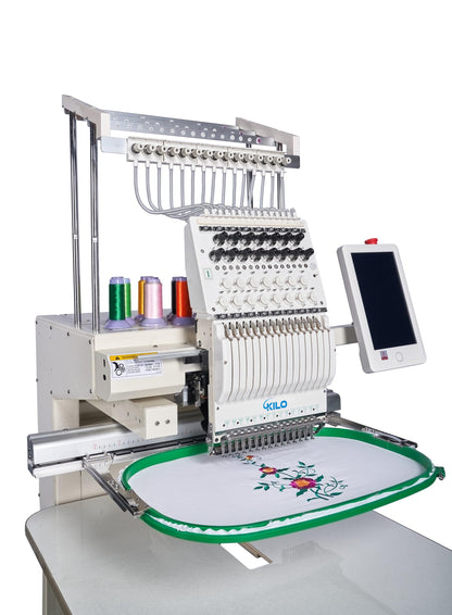 Commercial Embroidery Machine, 15 Needle Computerized Embroidery Machine, Single Head, 10 Inch Touch Screen, 13 by 19. Inch Area, For Caps Hats T Shirts And Flat Garments