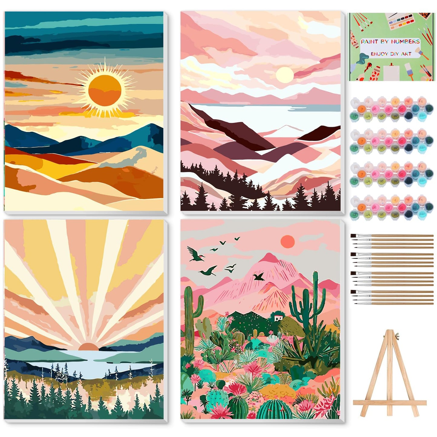 Ninonly Paint by Numbers Kit for Adults with Framed Canvas 4 Pack, Sunrise Paint by Number Arts Kits for Beginner with Wooden Easel, Acrylic Set, Brushes for Home Decor, 9 * 12 Inch