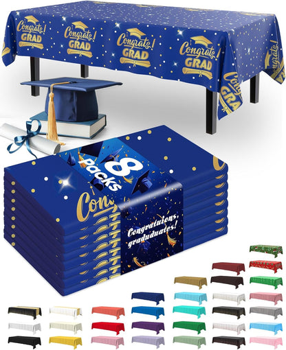 Pureegg Graduation Decorations - Disposable Plastic Tablecloths | 8 Pack, 54 x 108 Inch, Leakproof Blue Cover for Class of 2026 Party