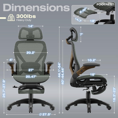 ELABEST X100 Ergonomic Mesh Office Chair with Footrest, Big and Tall Hone Desk Chair with 5D Flip-Up Arms, Adjustable 3D Lumbar Support,Gaming & Executive Computer Chairs